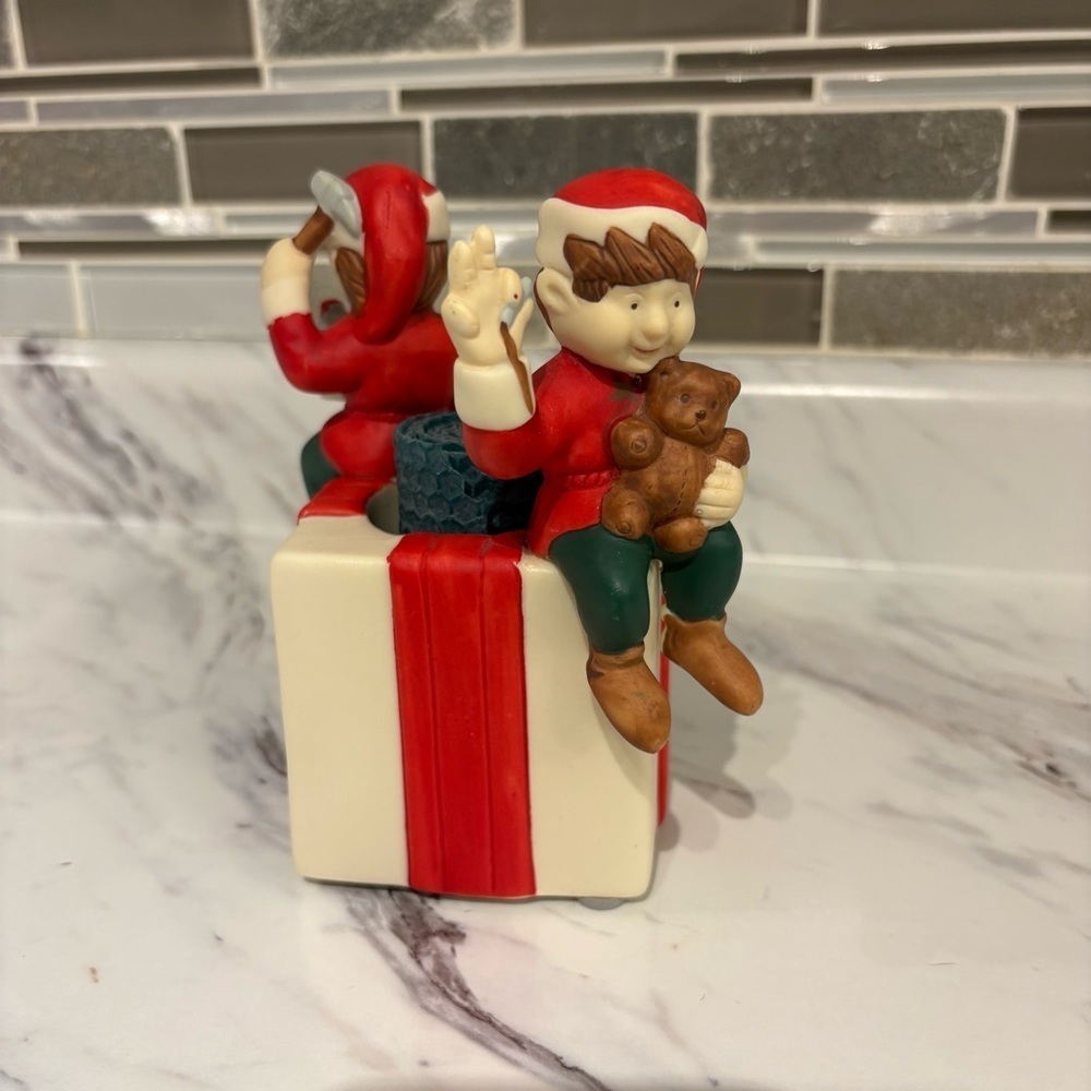 Vintage Partylite candle holder Christmas elves holiday  with bees wax candle